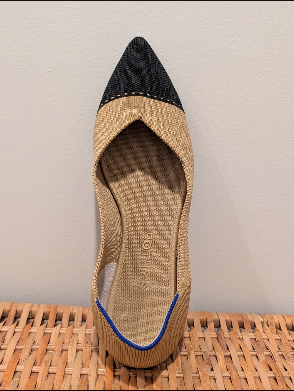 Rothy's Women's Right Pointed Toe Knit Flat in Camel and Black